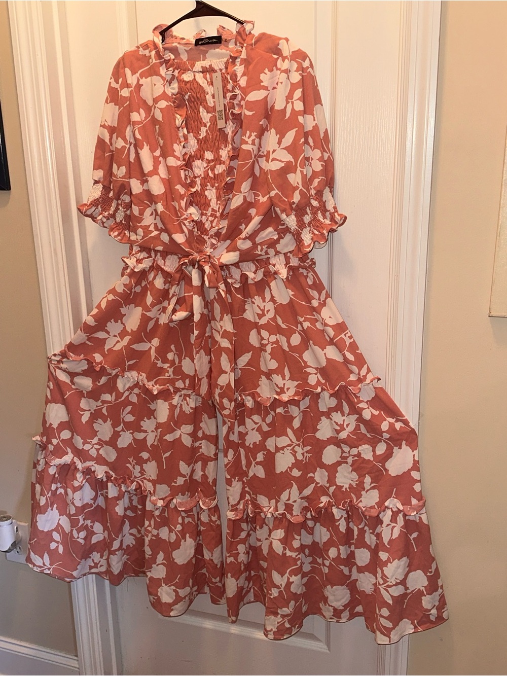 Pink  Floral Smocked Tiered Jumpsuit